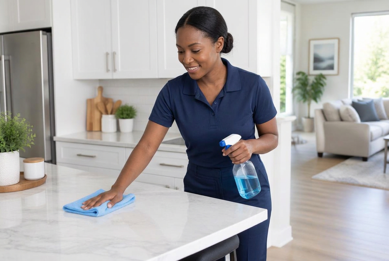 Illustrative photo: Cleaner wiping a kitchen counter in a home