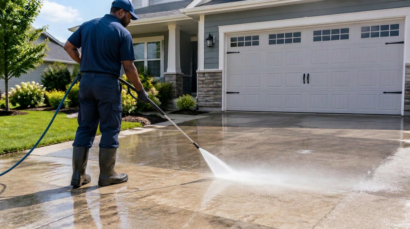 Illustrative photo of a worker pressure washing a driveway