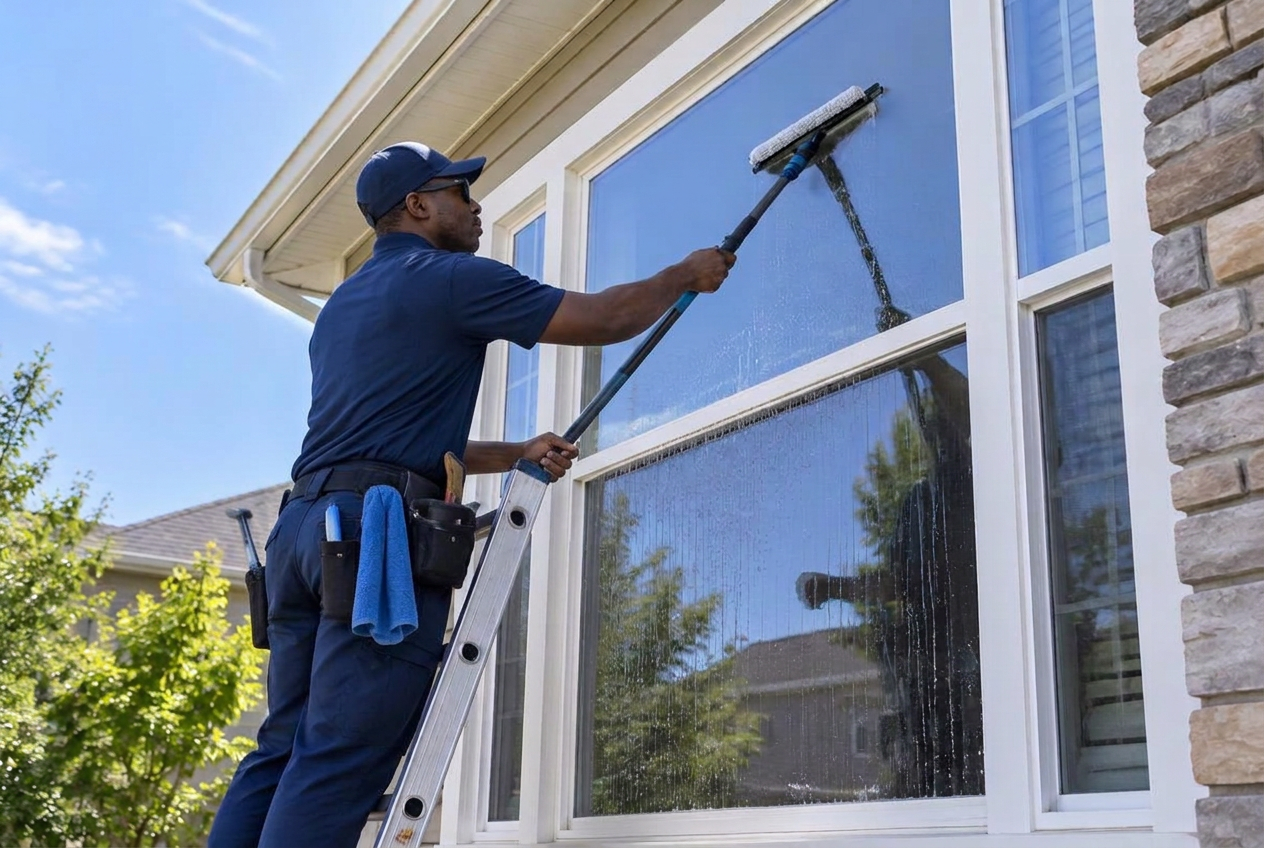 Illustrative photo: Worker cleaning exterior windows with a squeegee pole